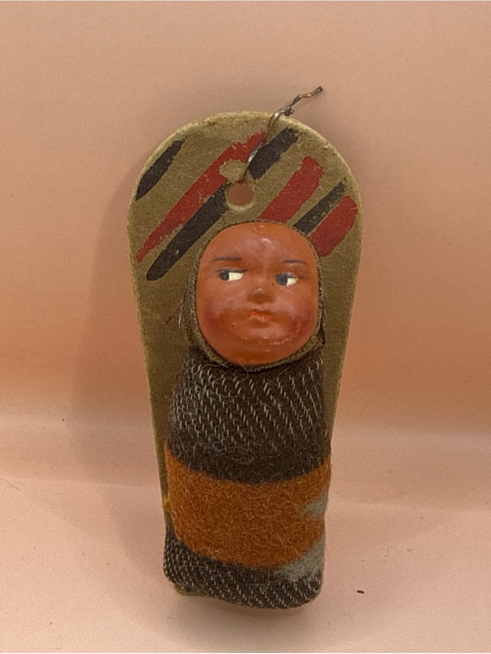Vintage 1929 (?) Native American Skookum Doll Papoose Cradle Board Baby Doll 4”
